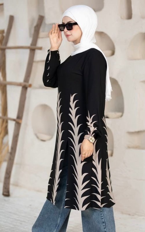 Beige Modern Elegance Printed Tunic Chic & Modest - Ruehaya
