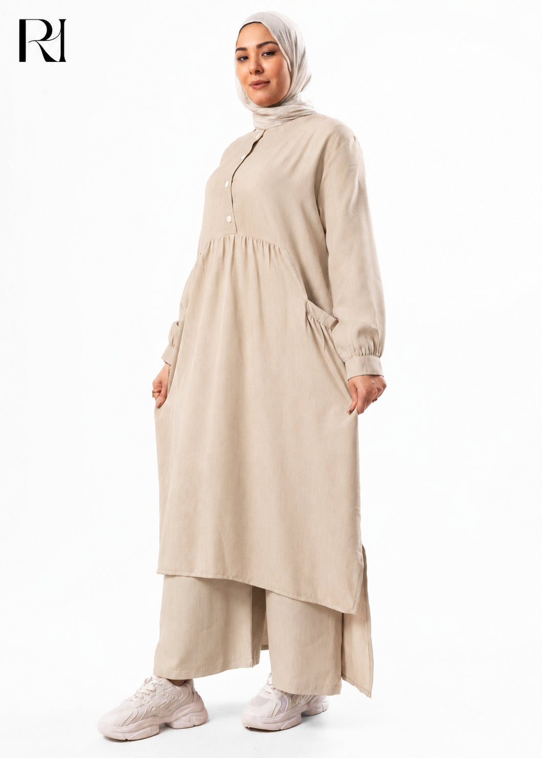Maram Linen Blend Two-Piece Modest Set – Beige