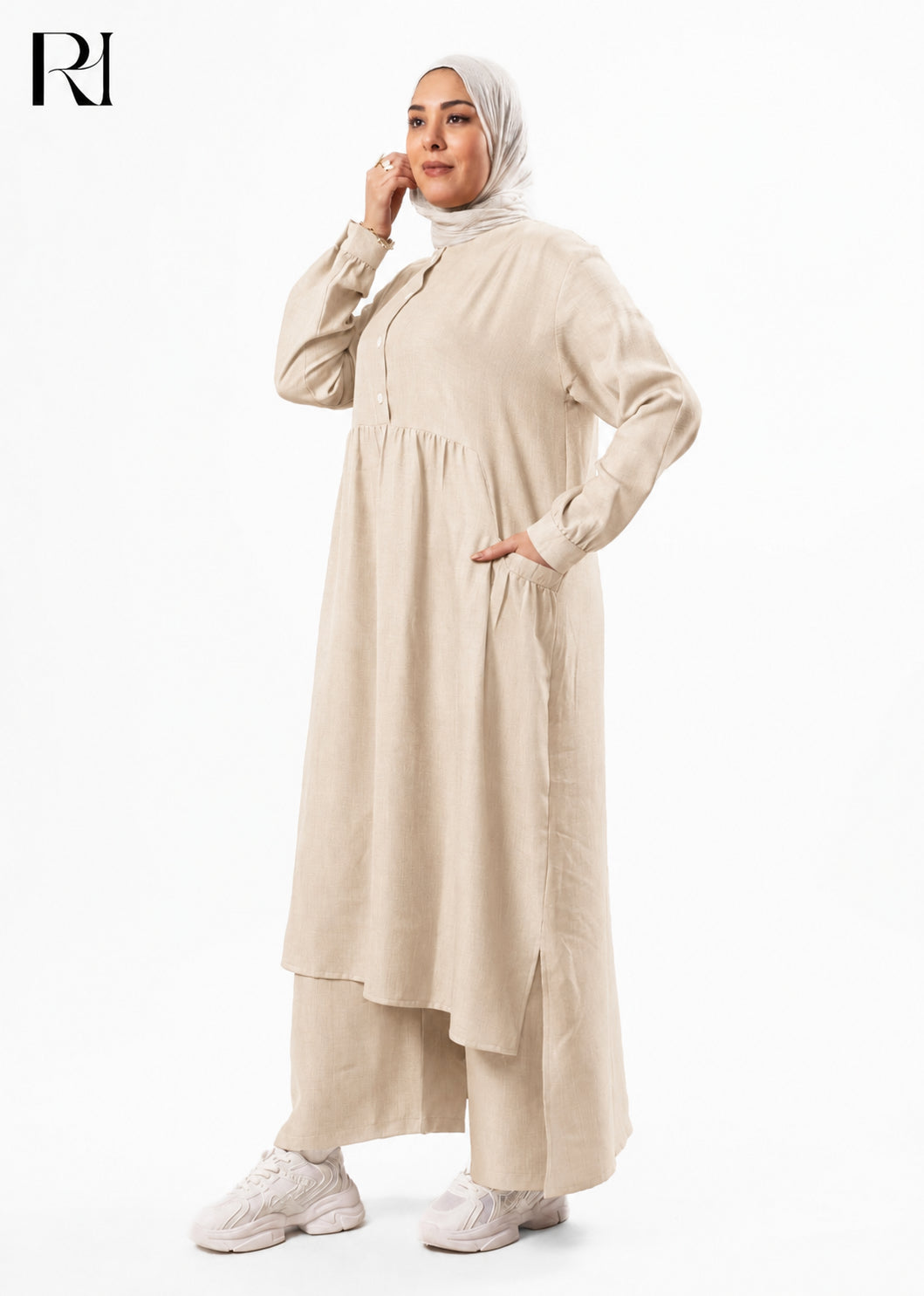 Maram Linen Blend Two-Piece Modest Set – Beige