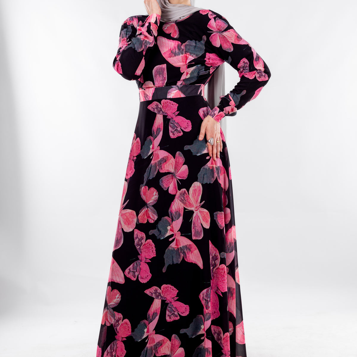 Black Butterfly Print Modest Dress with Modern Grace
