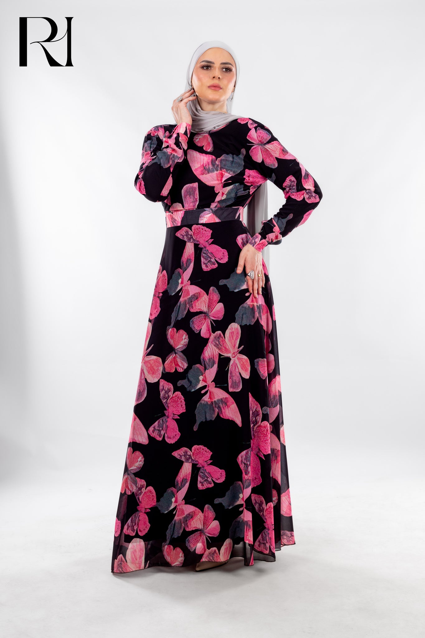 Black Butterfly Print Modest Dress with Modern Grace - Ruehaya