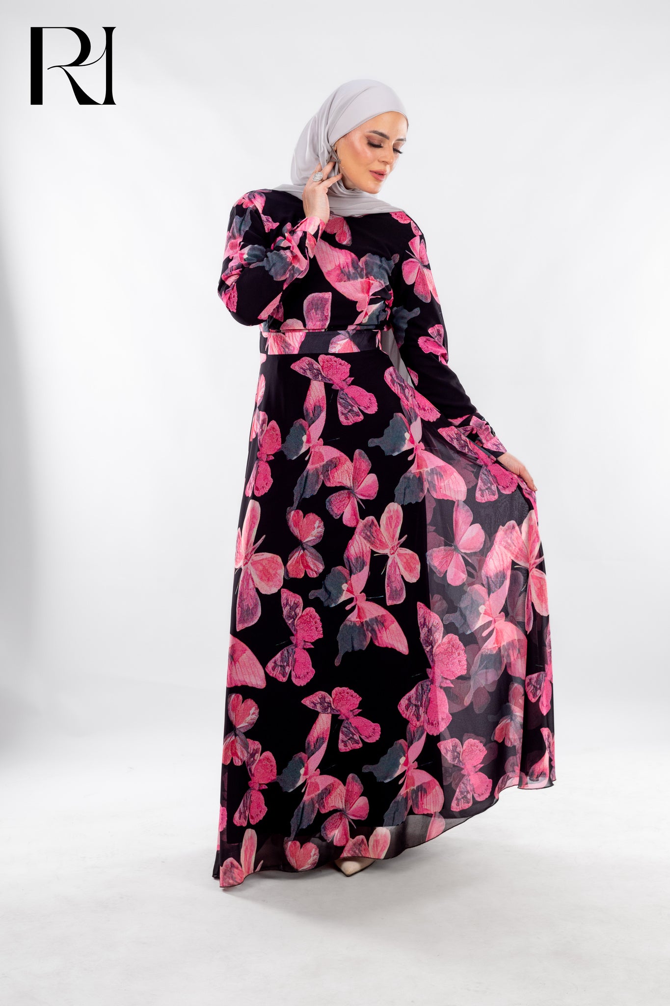 Black Butterfly Print Modest Dress with Modern Grace - Ruehaya