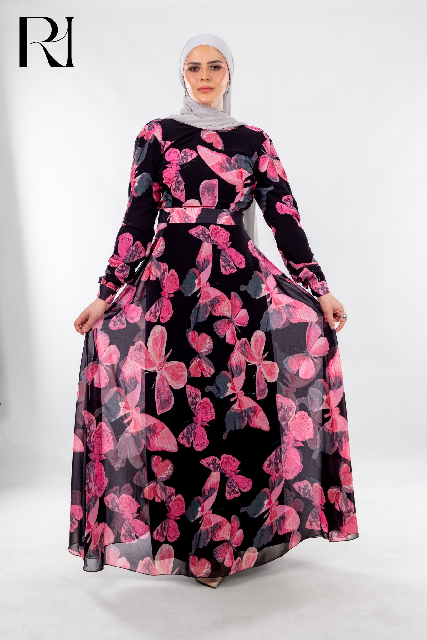 Black Butterfly Print Modest Dress with Modern Grace - Ruehaya