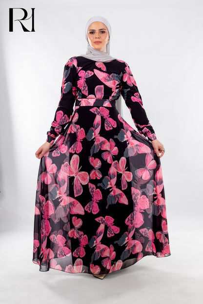 Black Butterfly Print Modest Dress with Modern Grace - Ruehaya