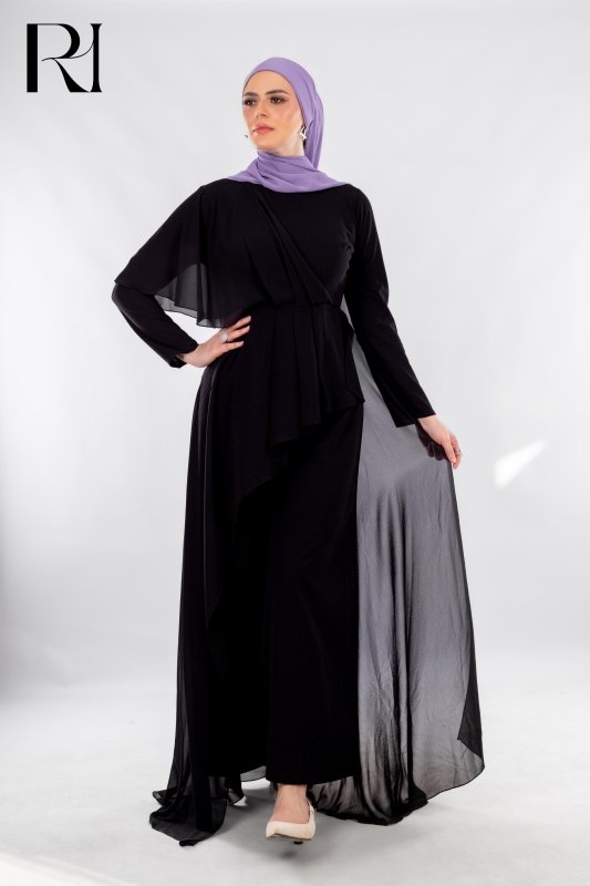 Black Flowy Jumpsuit with Chiffon Overlay - Ruehaya