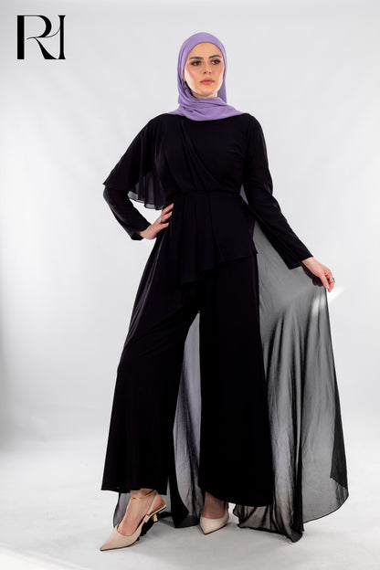 Black Flowy Jumpsuit with Chiffon Overlay - Ruehaya
