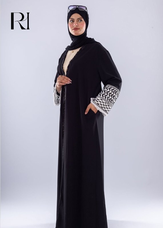 Black Keffiyeh Inspired Abaya Elegant Modest Wear - Ruehaya