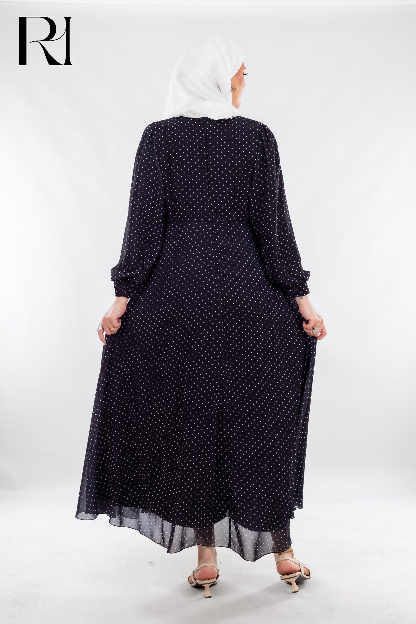 Black Polka Dot Modest Dress with Vintage Charm - Ruehaya