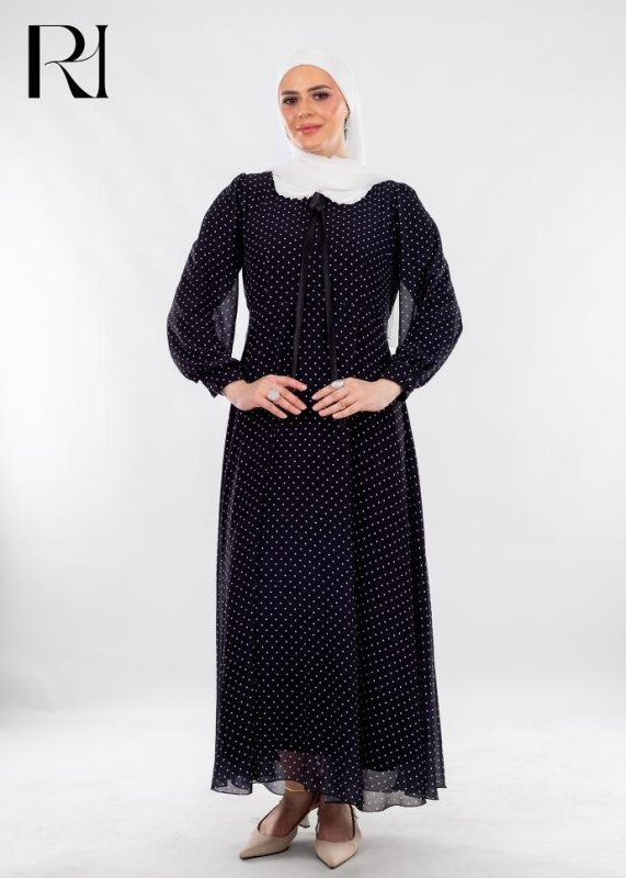 Black Polka Dot Modest Dress with Vintage Charm - Ruehaya