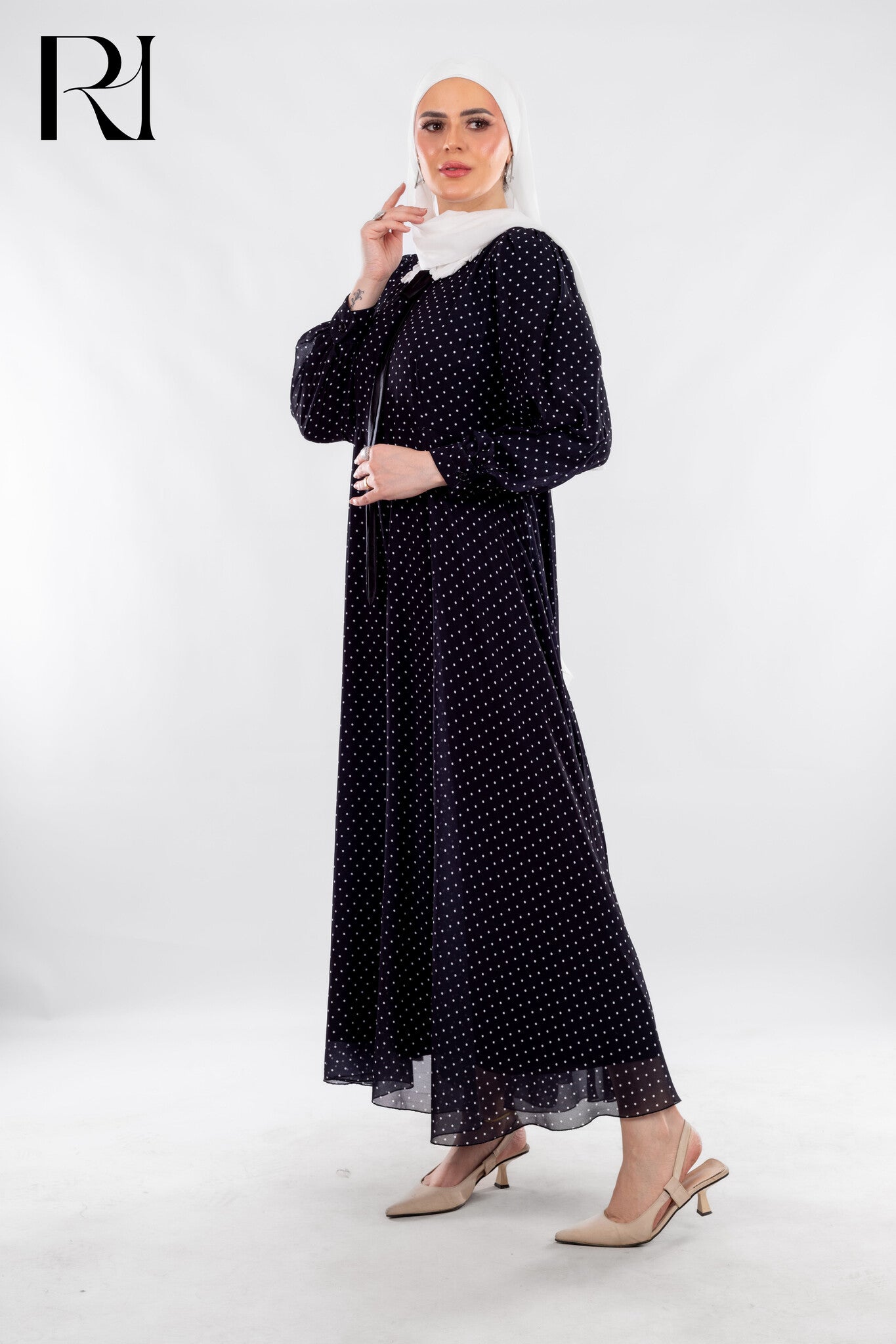 Black Polka Dot Modest Dress with Vintage Charm - Ruehaya
