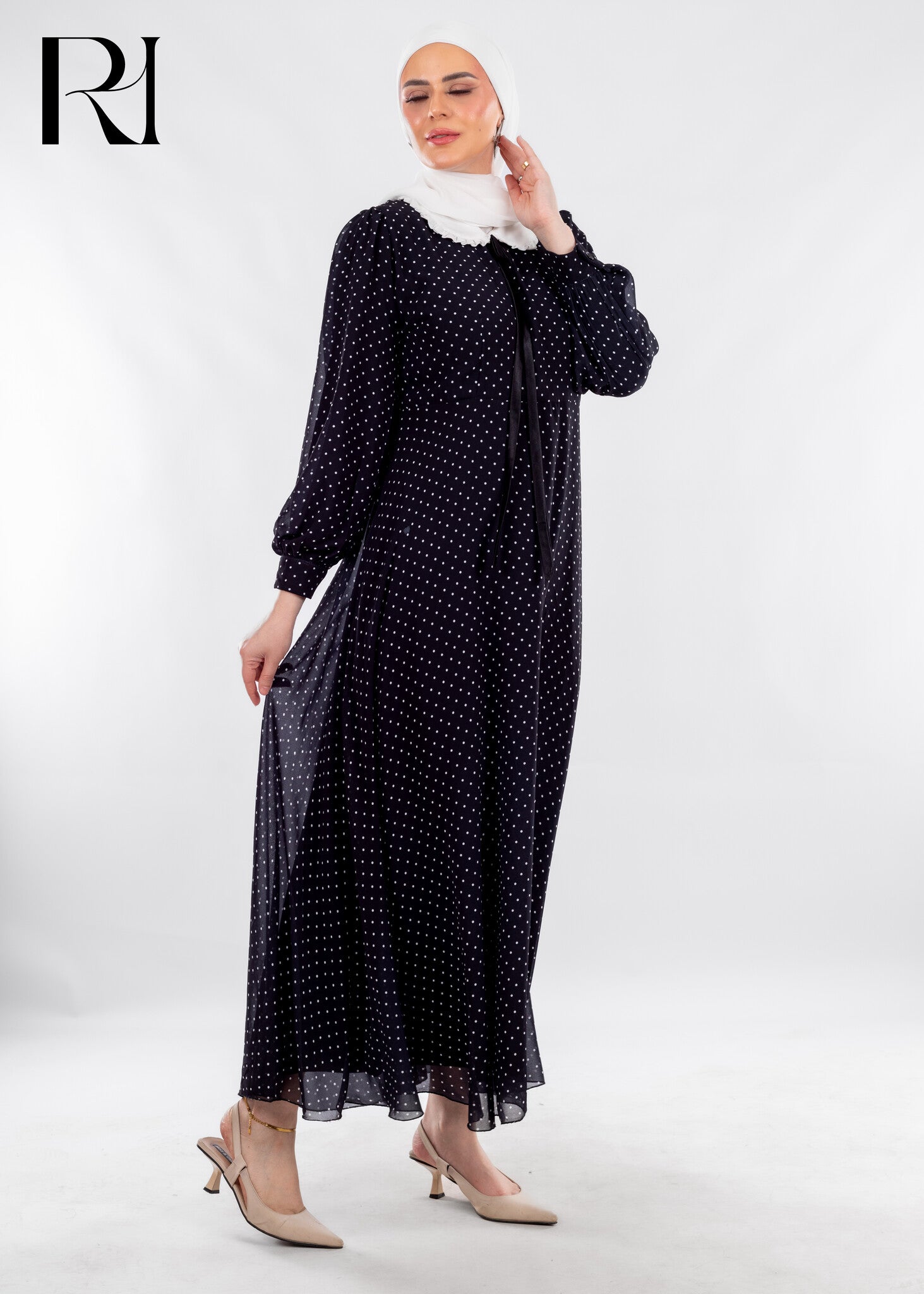 Black Polka Dot Modest Dress with Vintage Charm - Ruehaya