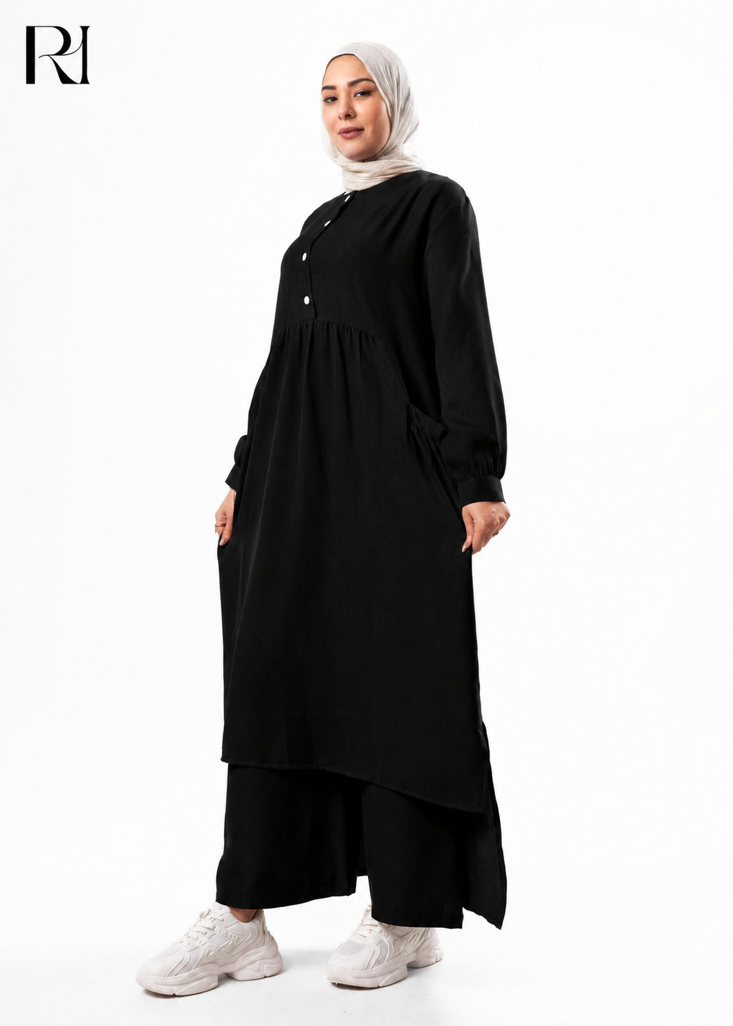 Maram Linen Blend Two-Piece Modest Set – Black