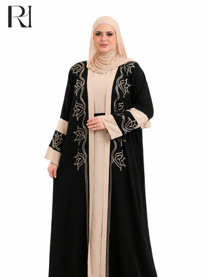 Samira Embroidered Crepe Abaya Set - Black