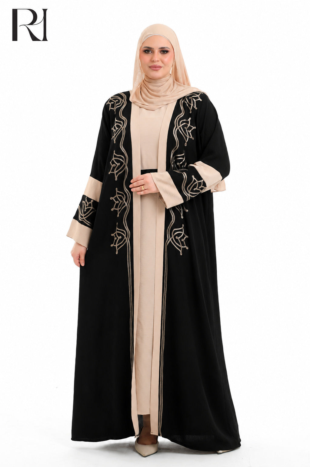 Samira Embroidered Crepe Abaya Set - Black