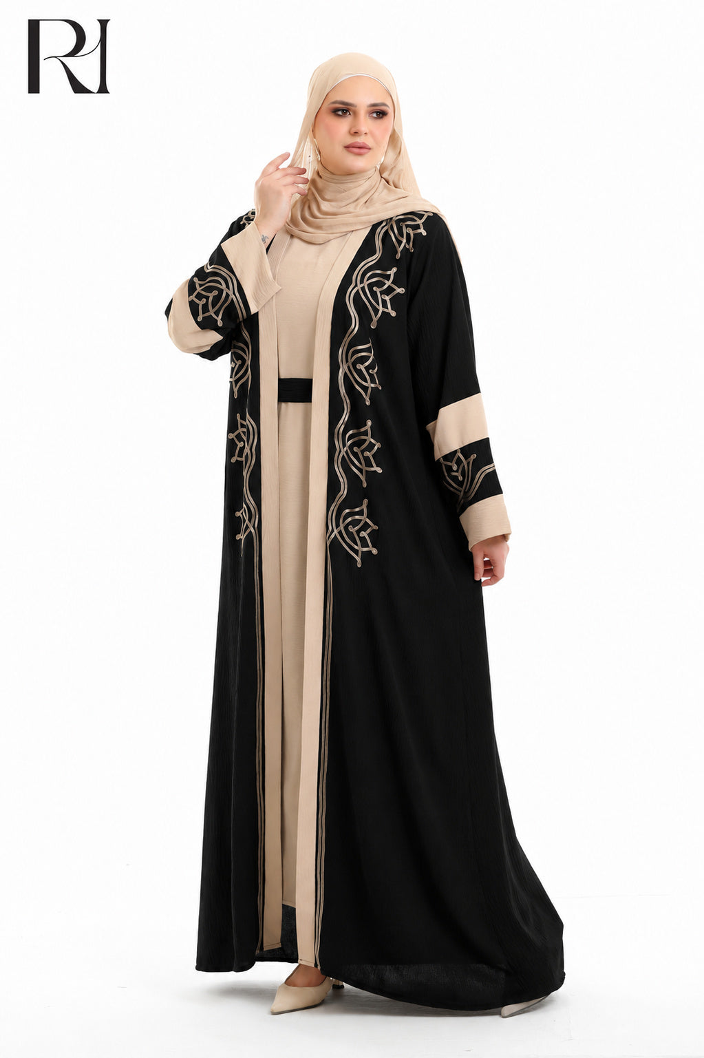 Samira Embroidered Crepe Abaya Set - Black