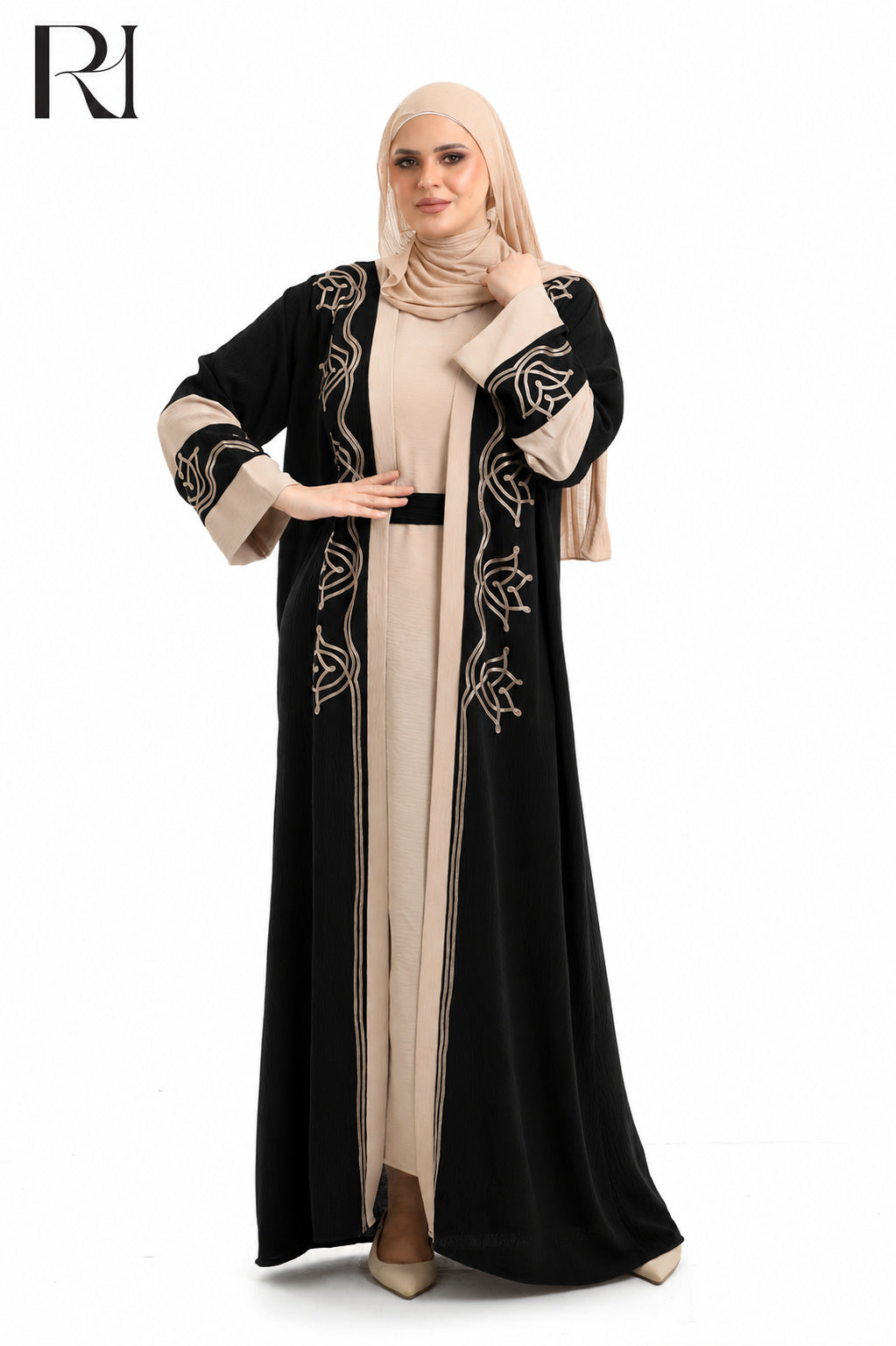 Samira Embroidered Crepe Abaya Set - Black