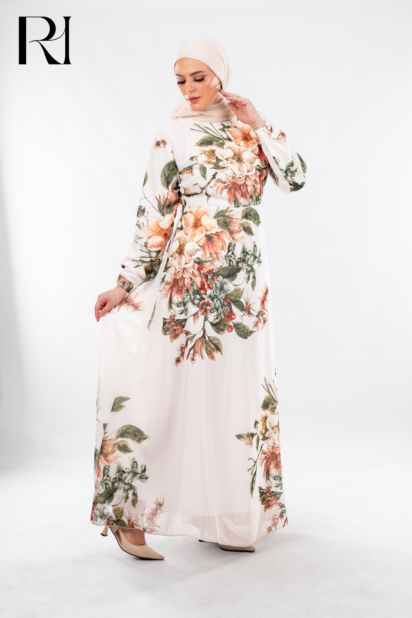 Bloom in Confidence: Modest White Floral Maxi Dress - Ruehaya