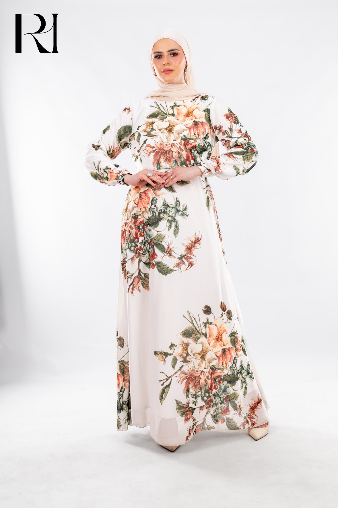 Bloom in Confidence: Modest White Floral Maxi Dress - Ruehaya