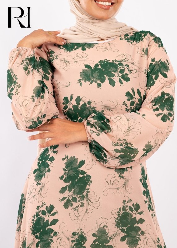 Blush & Green Floral Modest Maxi Dress - Ruehaya