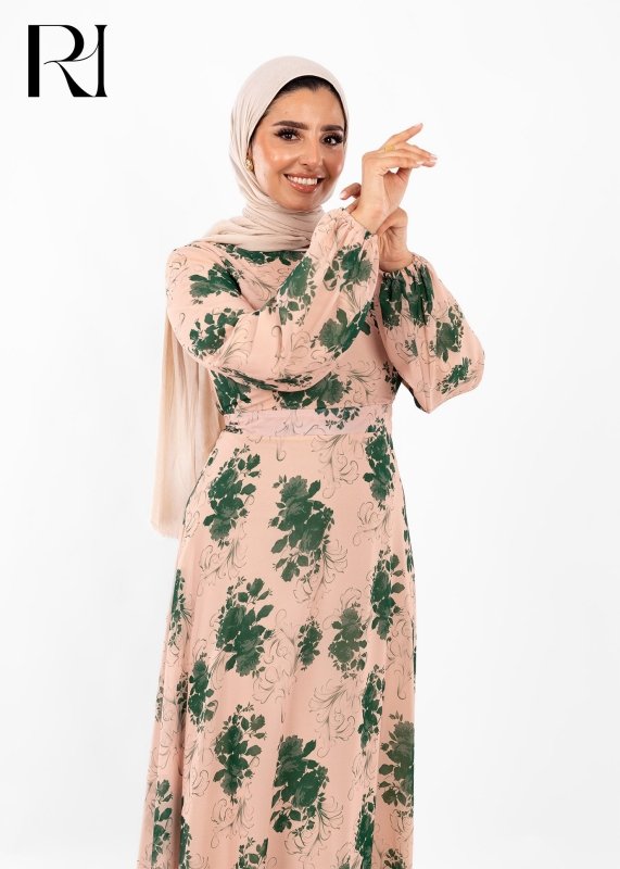 Blush & Green Floral Modest Maxi Dress - Ruehaya