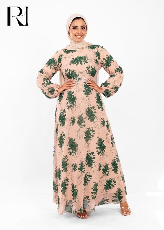 Blush & Green Floral Modest Maxi Dress - Ruehaya