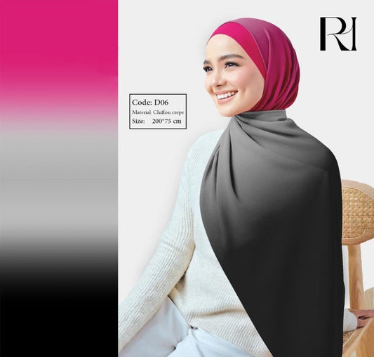 Bold & Chic Black to Grey Gradient Chiffon Hijab with a Pop of Pink - Ruehaya
