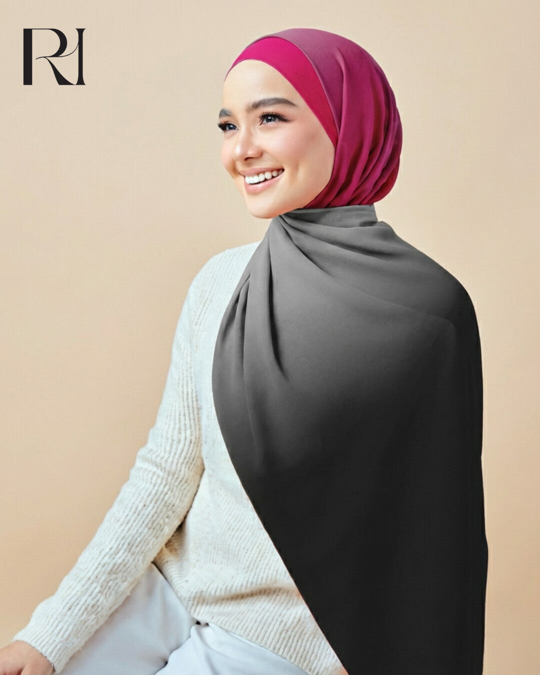 Bold & Chic Black to Grey Gradient Chiffon Hijab with a Pop of Pink - Ruehaya