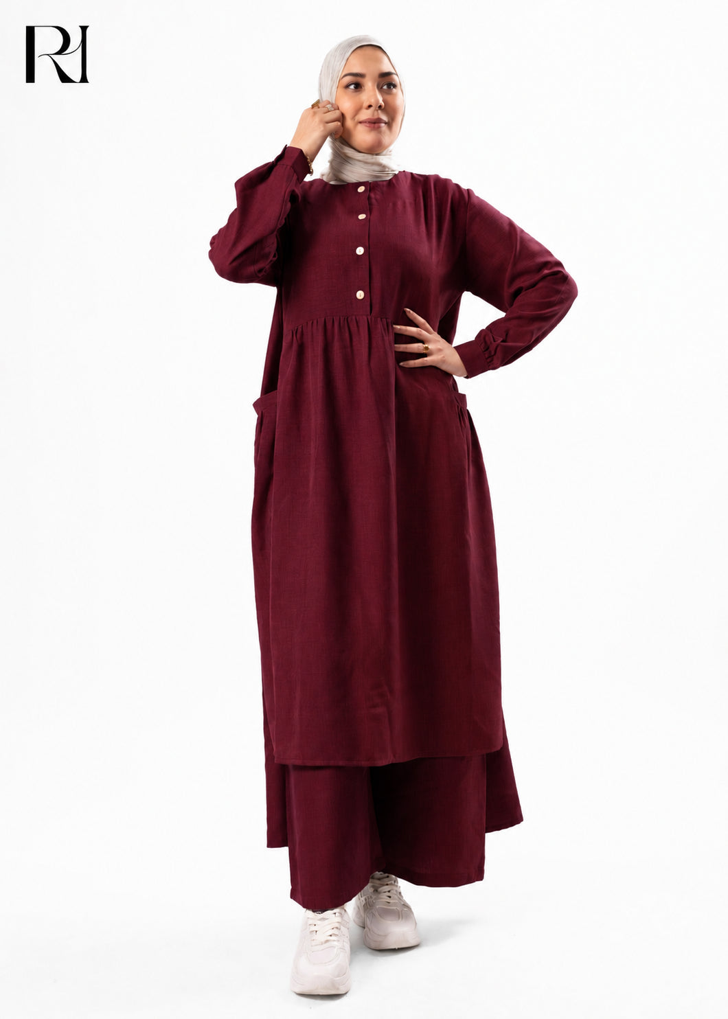 Maram Linen Blend Two-Piece Modest Set – Burgundy
