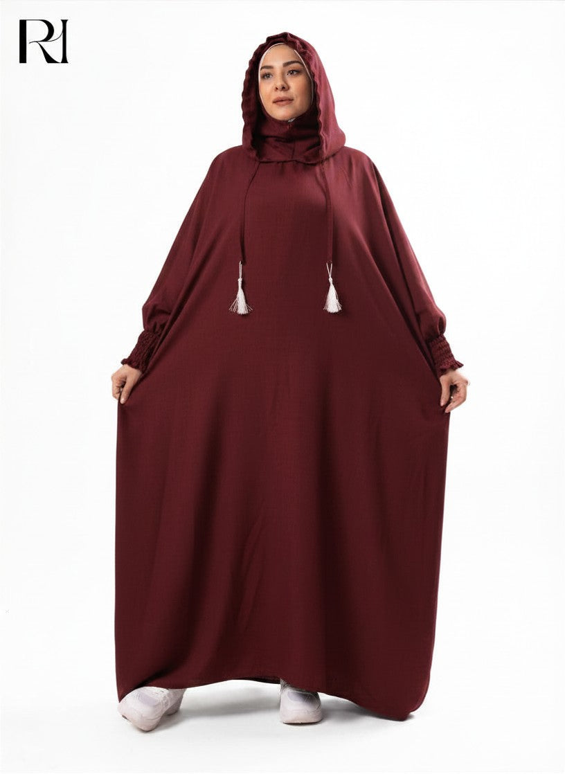 Zaynab Hooded Linen Blend Abaya – Burgundy