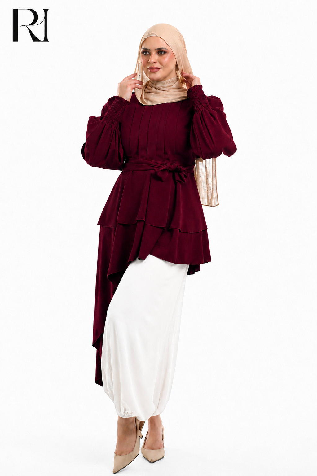Alya Contrast Linen Silk Two Piece Set - Burgundy
