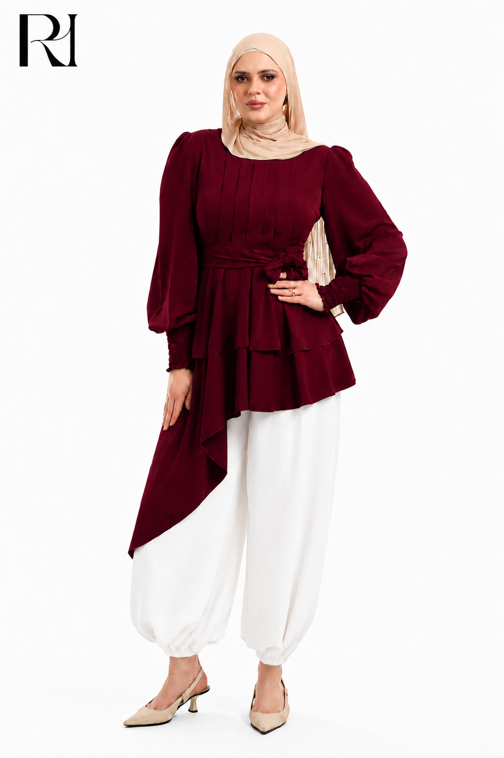 Alya Contrast Linen Silk Two Piece Set - Burgundy