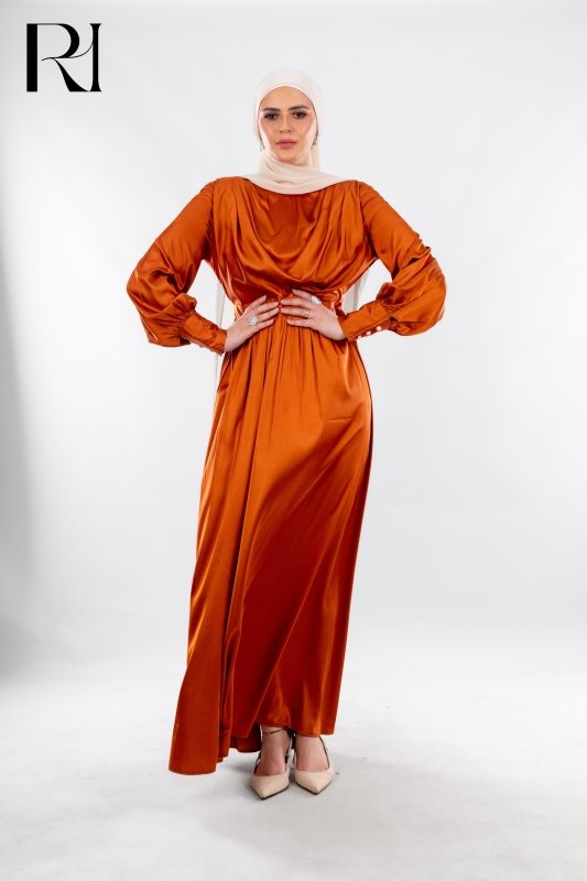 Burnt Orange Satin Modest Dress Radiating Warmth & Charm - Ruehaya