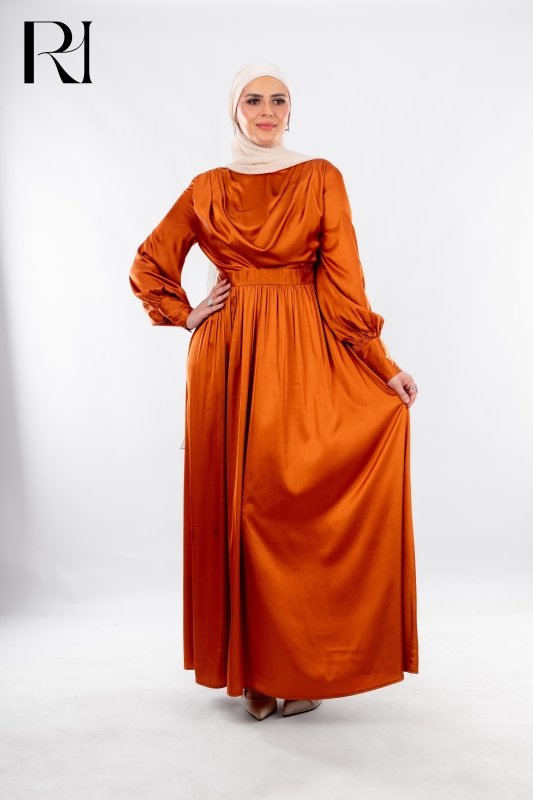 Burnt Orange Satin Modest Dress Radiating Warmth & Charm - Ruehaya