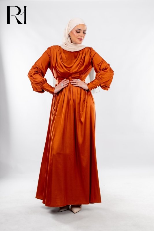 Burnt Orange Satin Modest Dress Radiating Warmth & Charm - Ruehaya