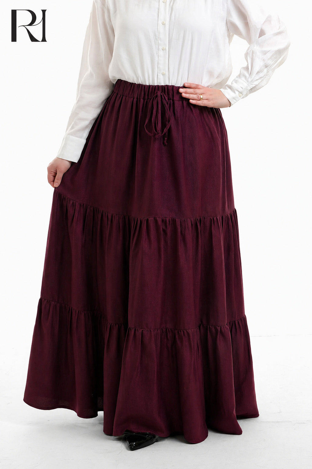 Dina Linen Blend Maxi Skirt - Burgundy