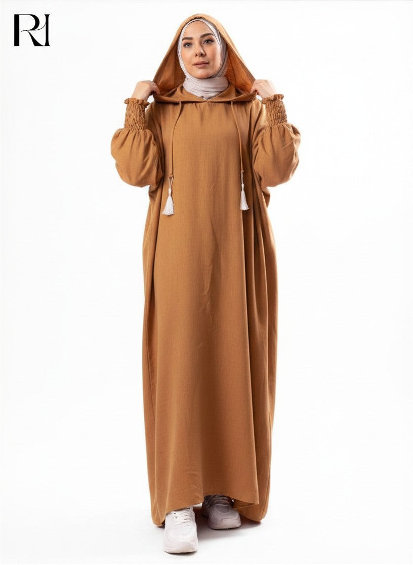 Zaynab Hooded Linen Blend Abaya – Caramel