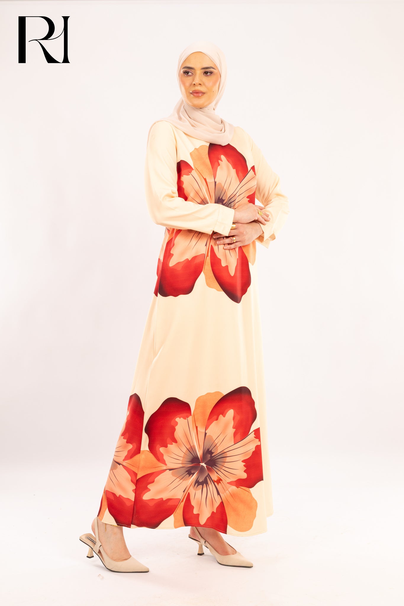 Catalina Cream & Crimson oversized Floral Print Dress - Ruehaya