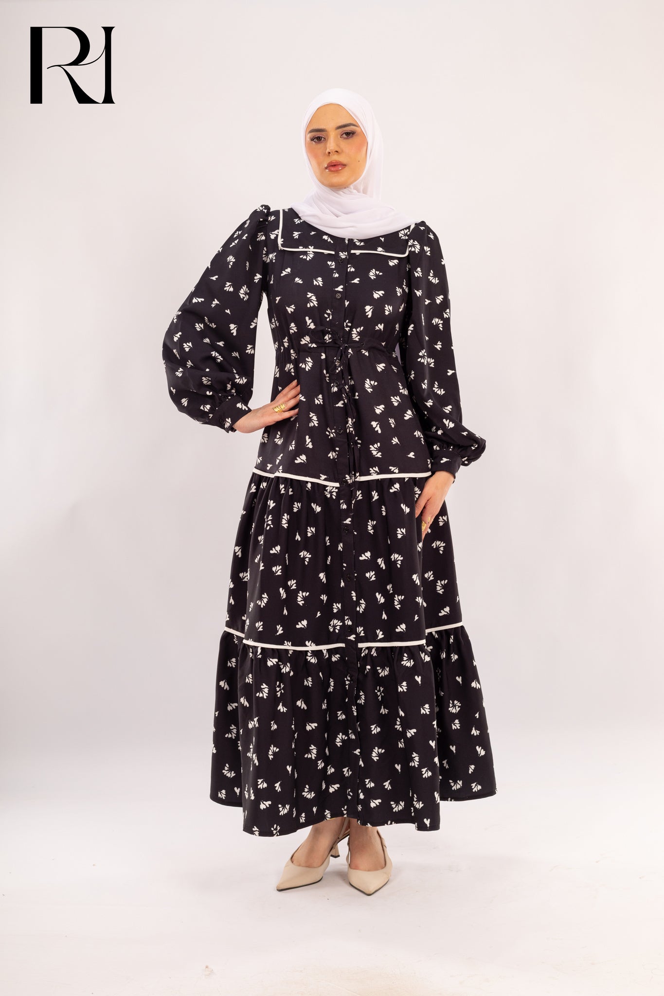 Celine Noir Floral Modest Maxi Dress - Ruehaya