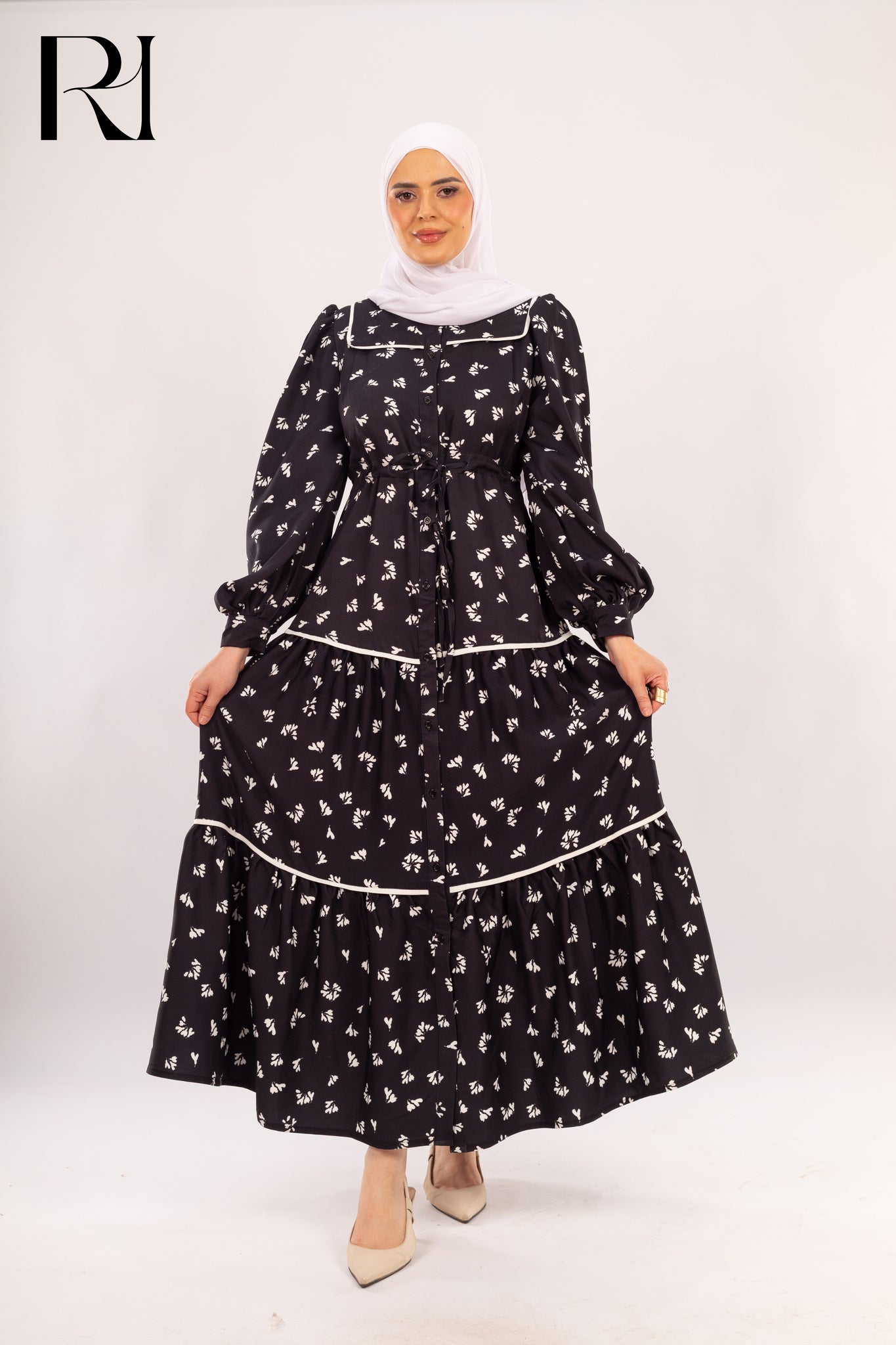 Celine Noir Floral Modest Maxi Dress - Ruehaya