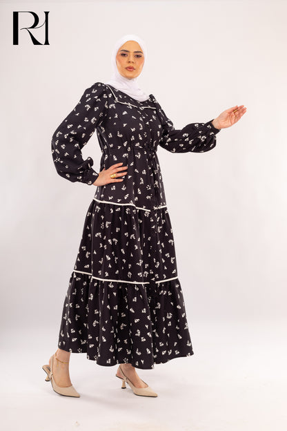 Celine Noir Floral Modest Maxi Dress - Ruehaya
