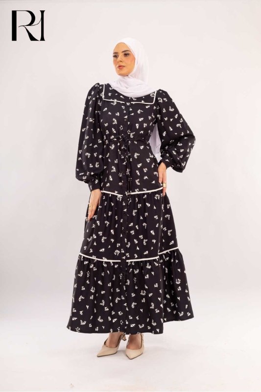 Celine Noir Floral Modest Maxi Dress - Ruehaya