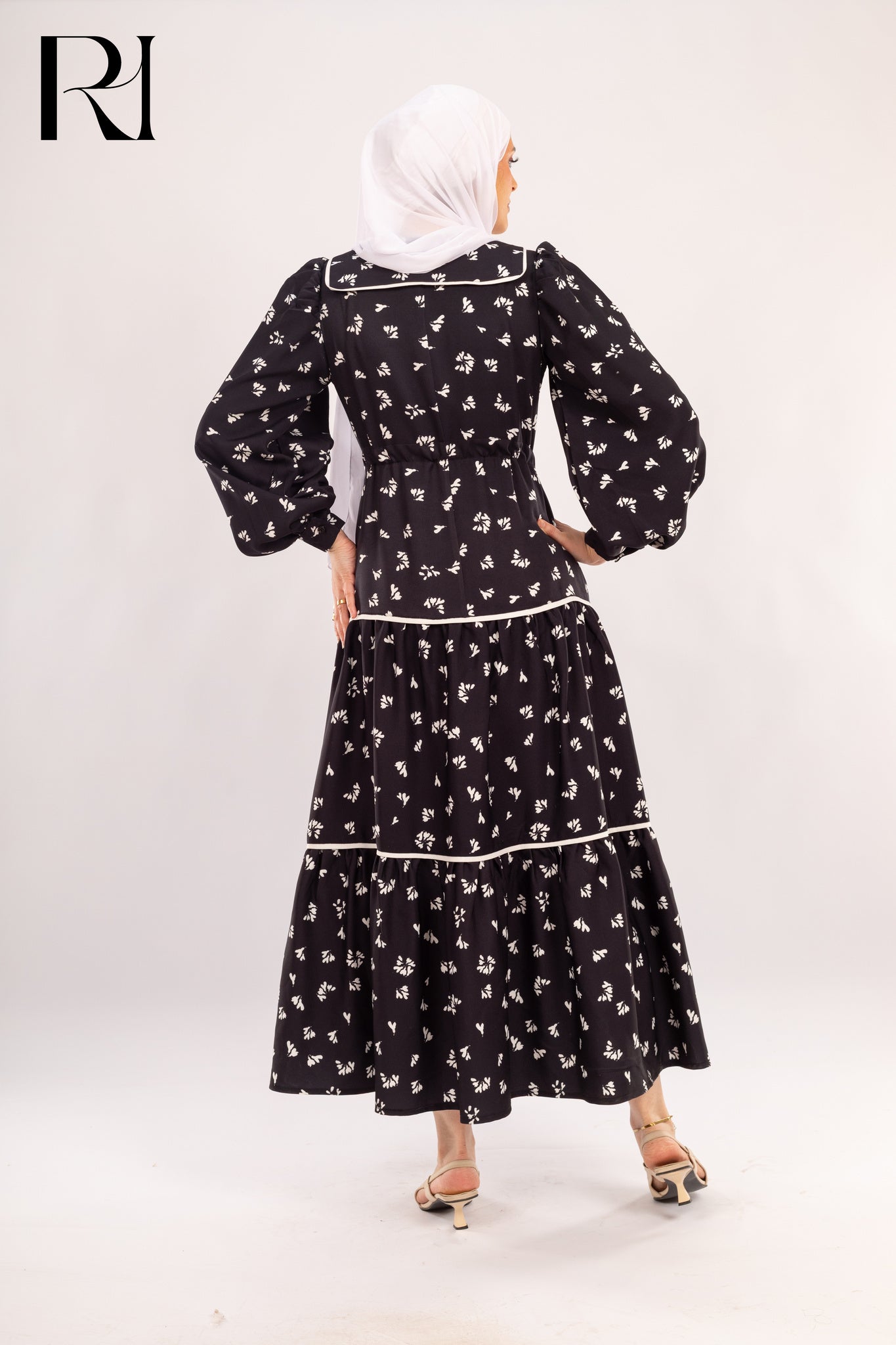 Celine Noir Floral Modest Maxi Dress - Ruehaya