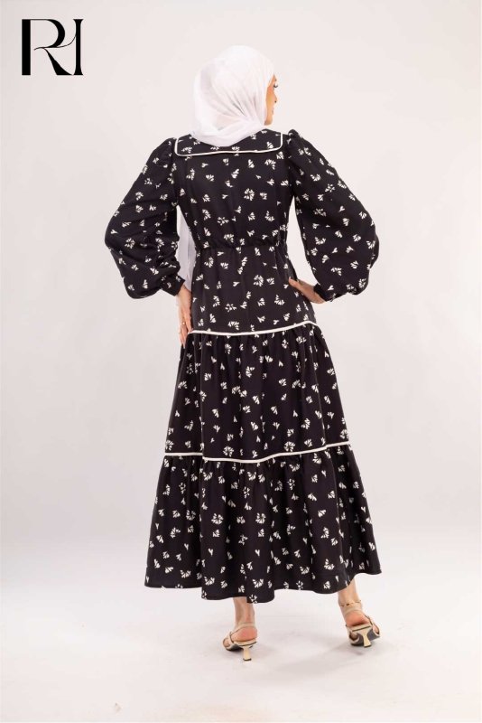 Celine Noir Floral Modest Maxi Dress - Ruehaya