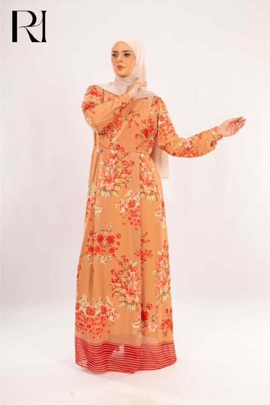 Clara Apricot Floral Chiffon Maxi Dress - Ruehaya