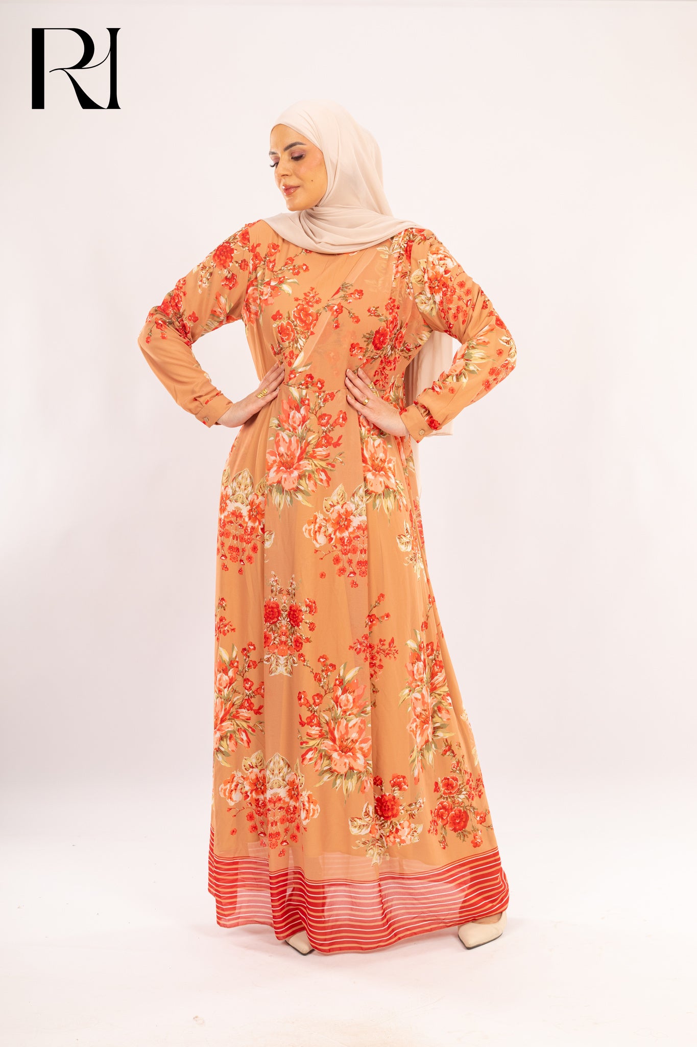 Clara Apricot Floral Chiffon Maxi Dress - Ruehaya