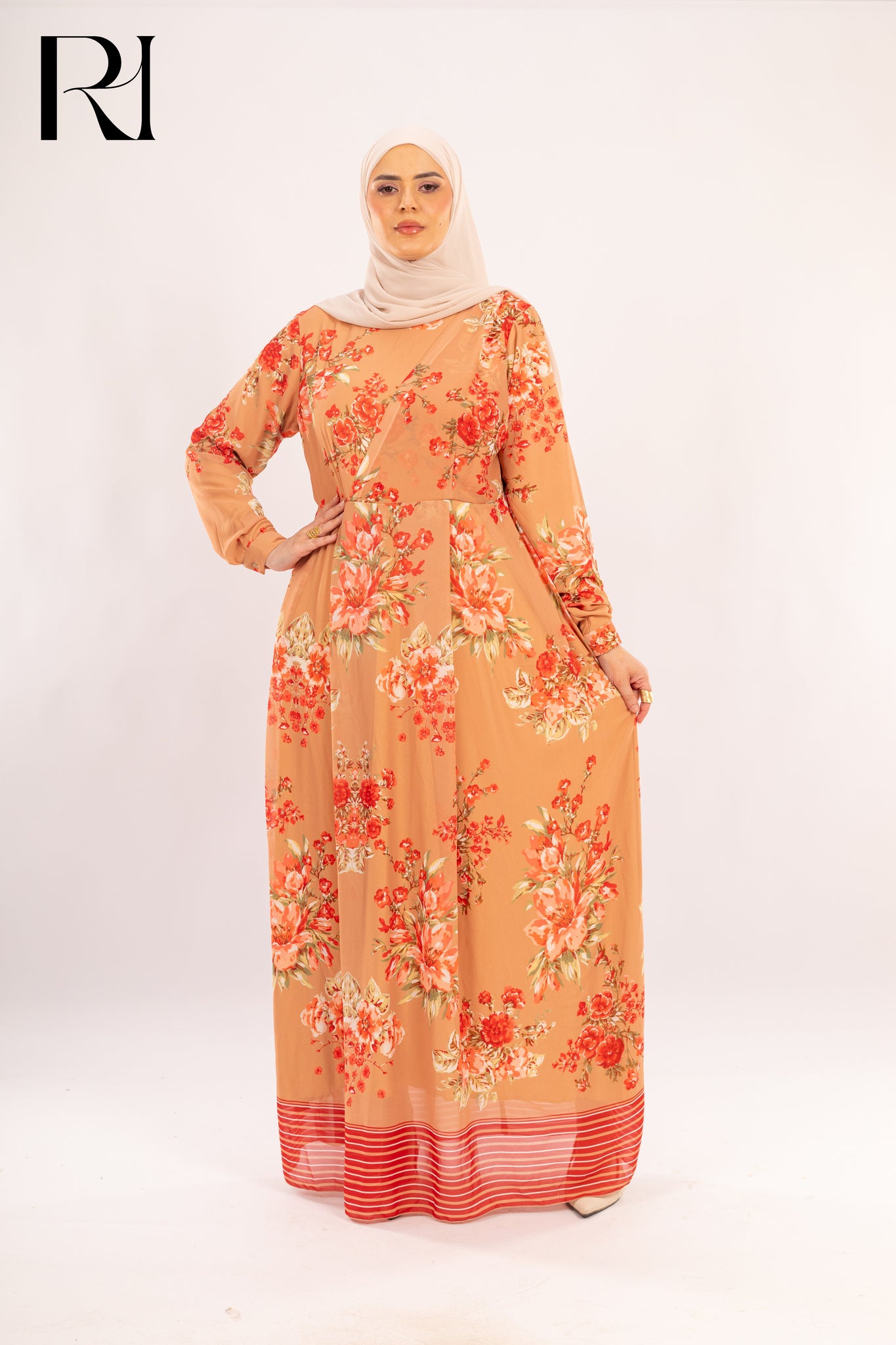 Clara Apricot Floral Chiffon Maxi Dress - Ruehaya