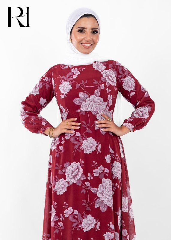 Crimson Bloom Modest Maxi Dress - Ruehaya