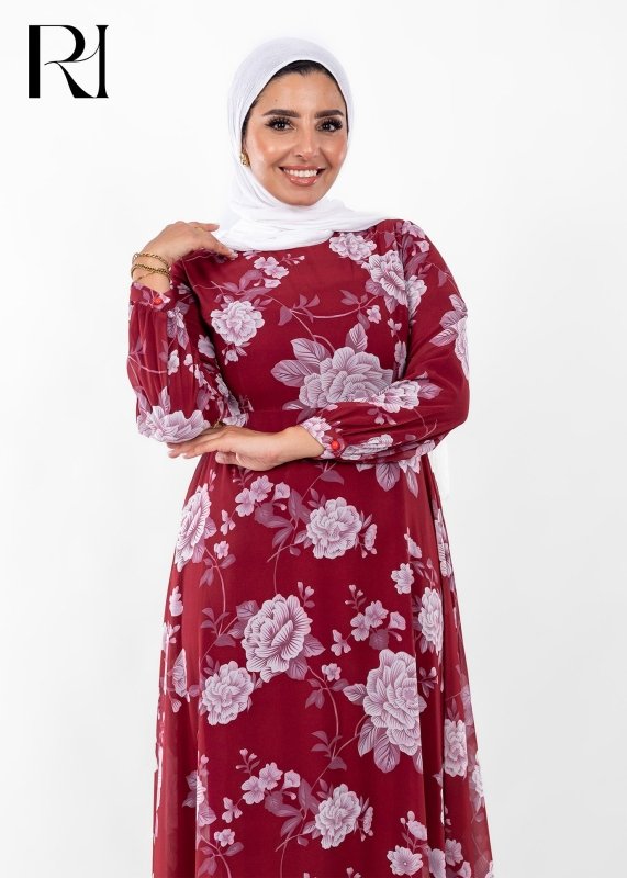Crimson Bloom Modest Maxi Dress - Ruehaya