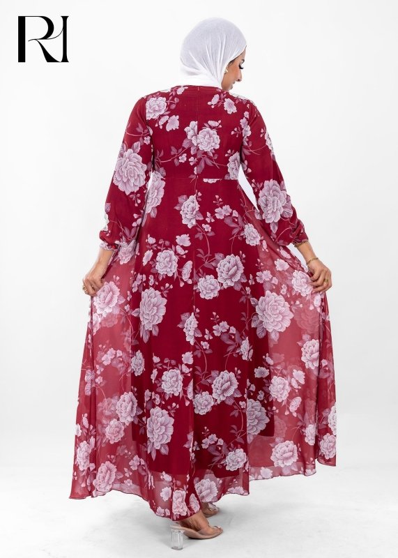 Crimson Bloom Modest Maxi Dress - Ruehaya
