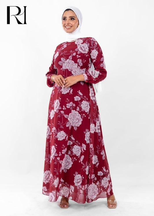 Crimson Bloom Modest Maxi Dress - Ruehaya